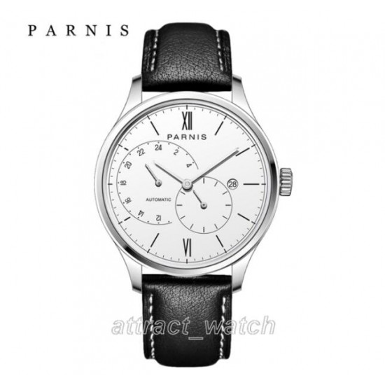 Parnis 41.5mm White Dial 21 Jewels Miyota Automatic Movement Sapphire Men Watch 24-Hours Dial Date Leather Strap