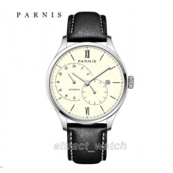 Parnis 41.5mm Cream Dial 21 Jewels Miyota Automatic Movement Sapphire Men Watch 24-Hours Dial Date Leather Strap