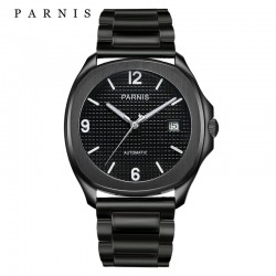Parnis 39mm Black Dial Mechanical Automatic Watch with Deployment Clasp Black Silver PVD Case Stainless Steel Strap