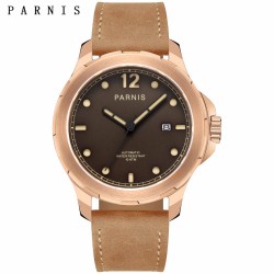 Parnis 44mm Coffee Dial Sapphire Miyota Automatic Movement 10ATM Water Resistant Men's Watch Leather Strap
