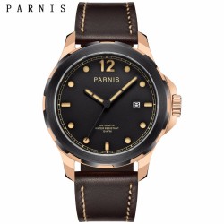 Parnis 44mm Sapphire Miyota Automatic Movement 10ATM Water Resistant Men's Watch Leather Strap Rose Gold Case