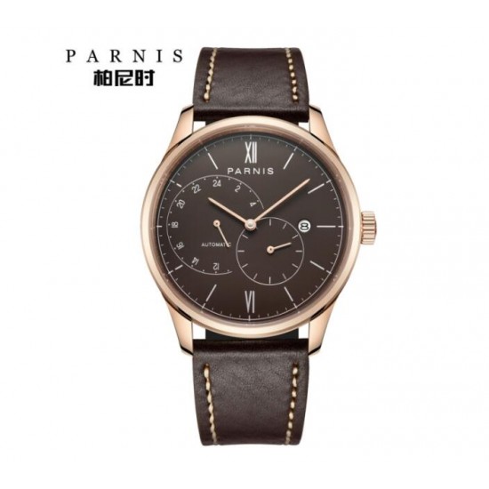 Parnis 41.5mm Coffee Dial 21 Jewels Miyota Automatic Movement Sapphire Men Watch 24-Hours Dial Date Rose Gold Case