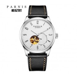 Parnis 41.5mm White Dial Black Numbers Sapphire Glass Miyota Automatic Movement Men's Casual Watch 10ATM Waterproof Leather Strao