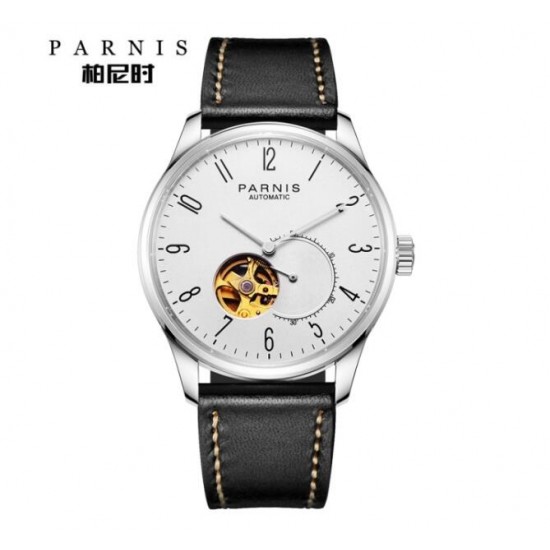 Parnis 41.5mm White Dial Black Numbers Sapphire Glass Miyota Automatic Movement Men's Casual Watch 10ATM Waterproof Leather Strao