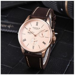 Parnis 41.5mm Rose Gold dial Power Reverse Automatic Men's Boy Wristwatch Date Indicator Small Second Leather Strap