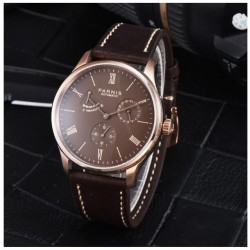 Parnis 41.5mm Coffee dial Power Reverse Automatic Men's Boy Wristwatch Date Indicator Small Second Leather Strap