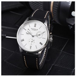 Parnis 41.5mm White dial Power Reverse Automatic Men's Boy Wristwatch Date Indicator Small Second Leather Strap