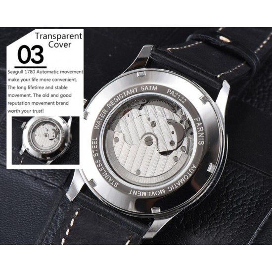 Parnis 41.5mm Coffee dial Power Reverse Automatic Men's Boy Wristwatch Date Indicator Small Second Leather Strap