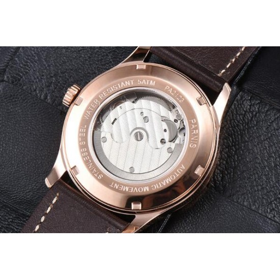 Parnis 41.5mm Coffee Dial Automatic Movement Men's Casual Mechanical Watch Small Second  Leather Strap