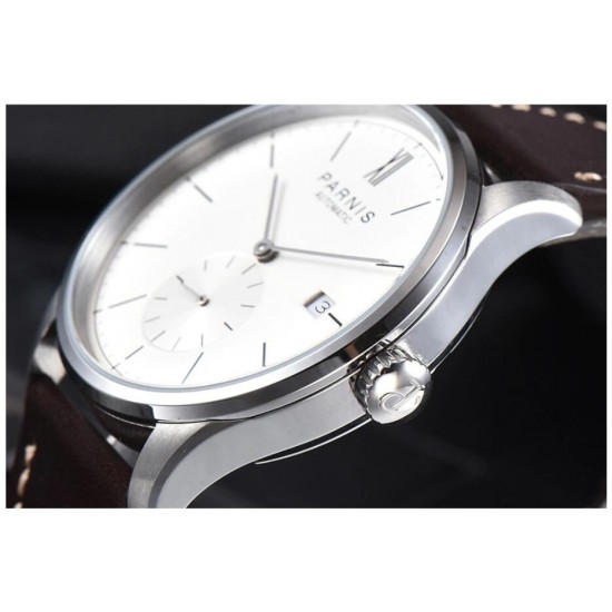 Parnis 41.5mm White Dial Automatic Movement Men's Casual Mechanical Watch Small Second  Leather Strap