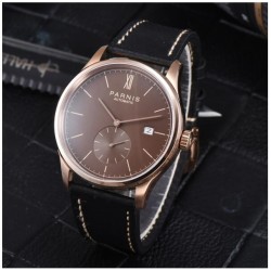 Parnis 41.5mm Coffee Dial Automatic Movement Men's Casual Mechanical Watch Small Second  Leather Strap