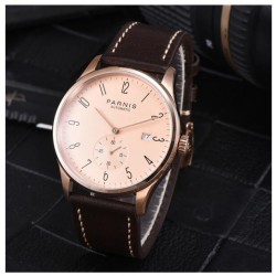 Parnis 41.5mm Rose Dial Automatic Movement Men's Boys Guy Casual Wristwatch Leather Strap Rose Gold Case