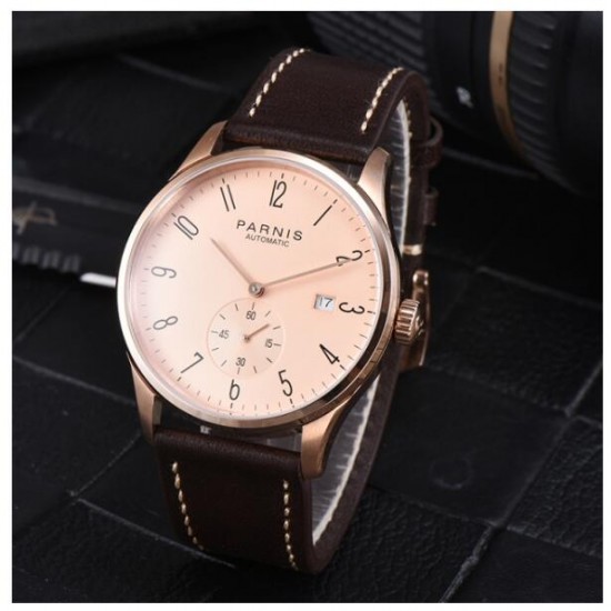 Parnis 41.5mm Rose Dial Automatic Movement Men's Boys Guy Casual Wristwatch Leather Strap Rose Gold Case