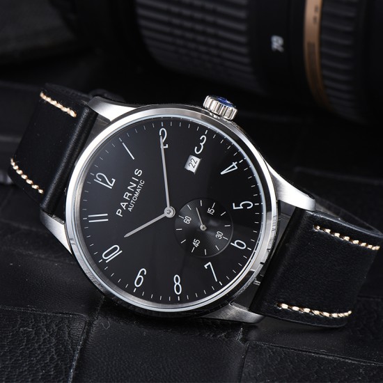 Parnis 41.5mm Black Dial Automatic Movement Men's Boys Guy Casual Wristwatch Leather Strap