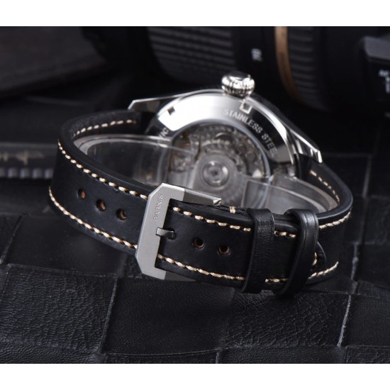 Parnis 45mm Black Dial Power Reserve Indicator Automatic Movement Men's Watch Small Second Leather Strap