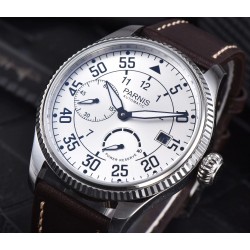 Parnis 45mm White Dial Power Reserve Indicator Automatic Movement Men's Watch Small Second Leather Strap