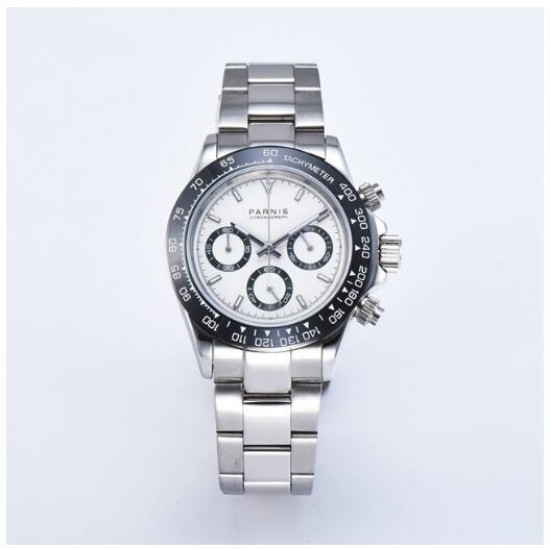 Parnis 39mm White Dial Men Sport Chronograph Watch Quartz Movement Wristwatch 