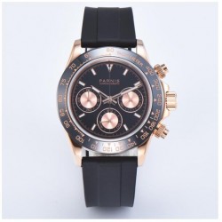 Parnis 39mm Black Dial Men Sport Chronograph Watch Quartz Movement Wristwatch Rubber Strap