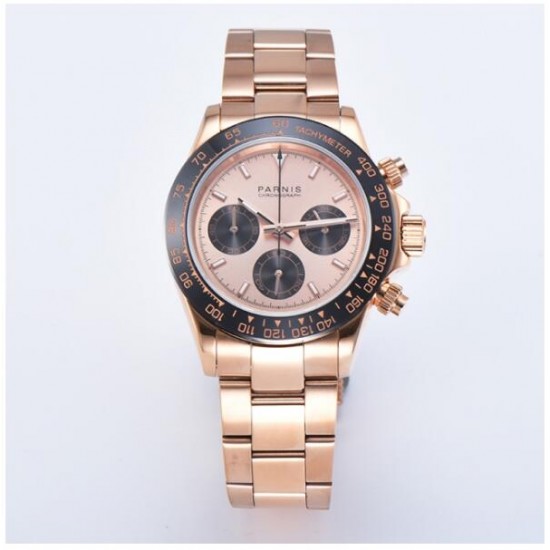 Parnis 39mm Champagne Dial Men Sport Chronograph Watch Quartz Movement Wristwatch 