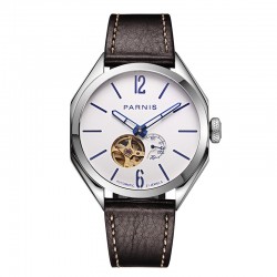 Parnis 43mm White dial Men's Miyota Automatic Mechanical Watch Best Gift Leather Watchband 
