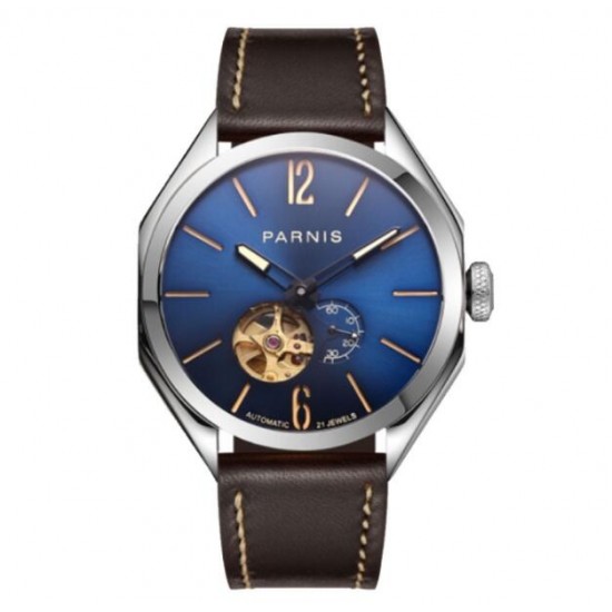 Parnis 43mm Blue Dial Men's Miyota Automatic Mechanical Watch Best Gift Leather Watchband