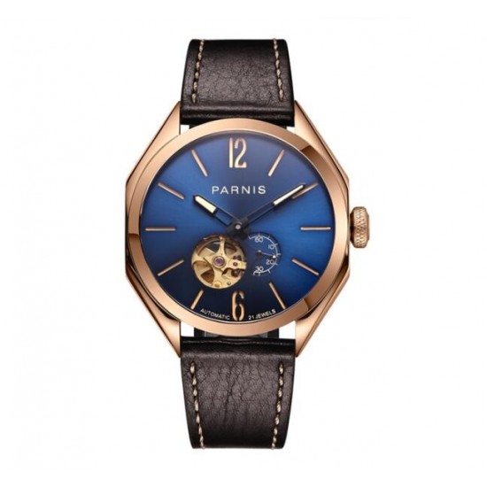Parnis 43mm Men's Miyota Automatic Mechanical Watch Best Gift Leather Watchband Golden Case