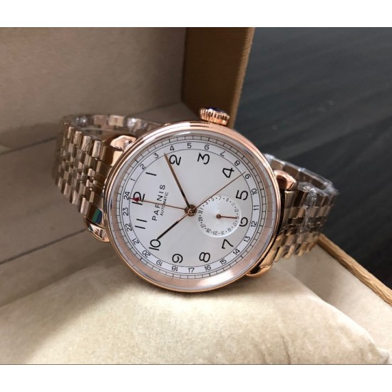 Parnis 2019 42mm White Dial Rose Gold Case Automatic mechanical GMT Men Watch