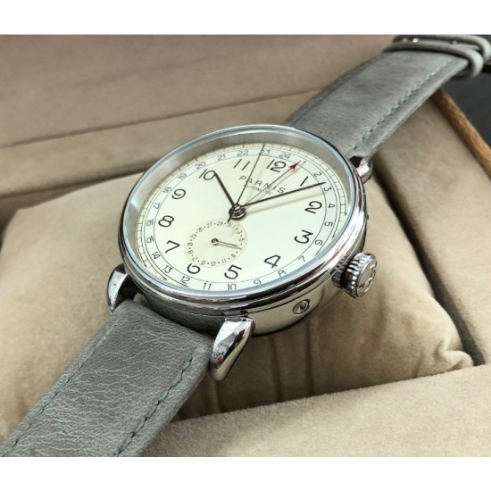 Parnis 2019 42mm Cream Dial Silver Case Automatic mechanical GMT Men Watch Leather Strap