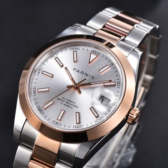 Parnis 39.5mm Silver Dial 2 Tone Rose Gold Miyota 8215 Movement Automatic Mechanical Men's Watches