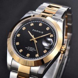 Parnis 39.5mm Black Dial 2 Tone Gold Miyota 8215 Movement Automatic Mechanical Men's Watches