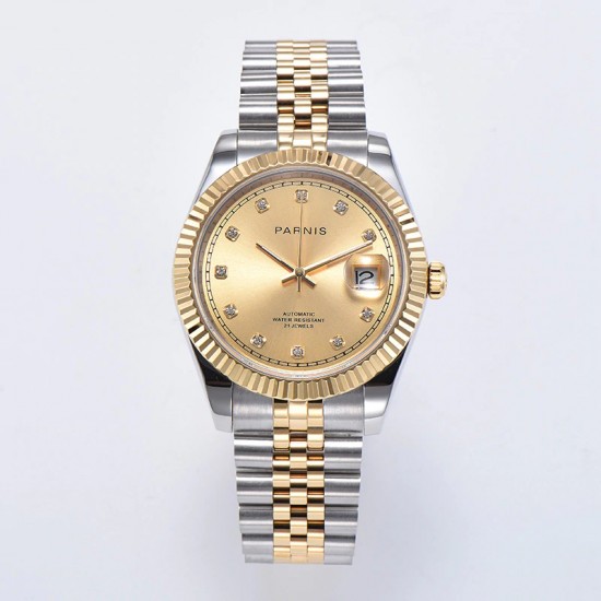 Parnis 39.5mm Gold Dial 2 Tone Gold Case Miyota 8215 Movement Automatic Mechanical Men's Watches