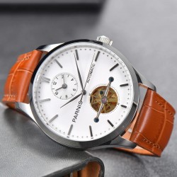 Parnis 43mm White Dial Power Reserve Flywheel Skeleto Automatic Movement Men Casual Watch