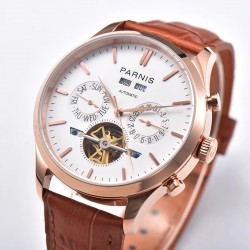 Parnis 43mm White Dial Rose Gold Date Power Reserve Flywheel Skeleto Automatic Movement Men Casual Watch
