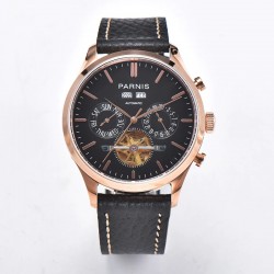 Parnis 43mm Black Dial Rose Gold Date Power Reserve Flywheel Skeleto Automatic Movement Men Casual Watch