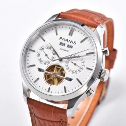Parnis 43mm White Dial Date Power Reserve Flywheel Skeleto Automatic Movement Men Casual Watch
