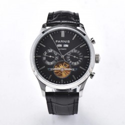 Parnis 43mm Black Dial Date Power Reserve Flywheel Skeleto Automatic Movement Men Casual Watch
