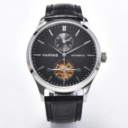 Parnis 43mm Black Dial Power Reserve Flywheel Skeleto Automatic Movement Men Casual Watch