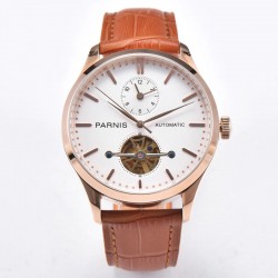 Parnis 43mm White Dial Rose Gold Power Reserve Flywheel Skeleto Automatic Movement Men Casual Watch