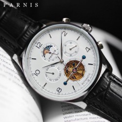 Parnis 43mm White Dial Moon Phase Power Reserve Flywheel Skeleto Automatic Movement Men Casual Watch