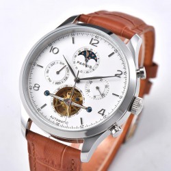 Parnis 43mm White Dial Moon Phase Power Reserve Flywheel Skeleto Automatic Movement Men Casual Watch