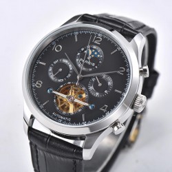 Parnis 43mm Black Dial Moon Phase Power Reserve Flywheel Skeleto Automatic Movement Men Casual Watch