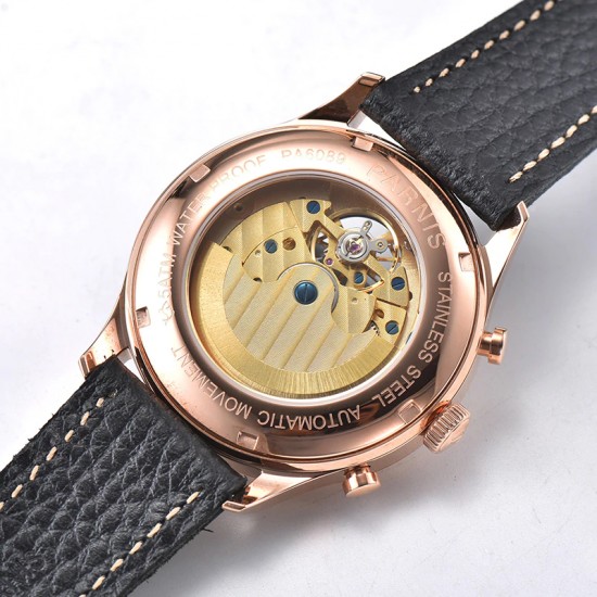Parnis 43mm Black Dial Rose Gold Moon Phase Power Reserve Flywheel Skeleto Automatic Movement Men Casual Watch