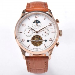 Parnis 43mm White Dial Rose Gold Moon Phase Power Reserve Flywheel Skeleto Automatic Movement Men Casual Watch