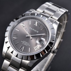 Parnis 39.5mm Gray Dial Automatic Mechanical Men Watch Silver Stainless Steel 
