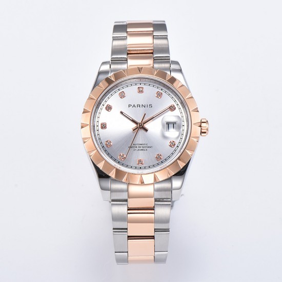 Parnis 39.5mm Silver Dial Rose Gold Case Automatic Mechanical Mens Watch Silver Stainless Steel Bracelet