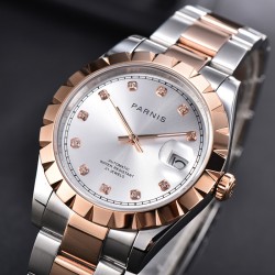 Parnis 39.5mm Silver Dial Rose Gold Case Automatic Mechanical Mens Watch Silver Stainless Steel Bracelet