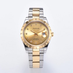Parnis 39.5mm Gold Dial 2 Tone Gold Case Automatic Mechanical Mens Watch Silver Stainless Steel Bracelet