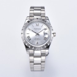Parnis 39.5mm Silver Dial Roman Scale Automatic Mechanical Mens Watch Silver Stainless Steel Bracelet