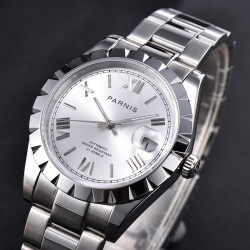 Parnis 39.5mm Silver Dial Roman Scale Automatic Mechanical Mens Watch Silver Stainless Steel Bracelet