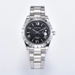Parnis 39.5mm Black Dial Roman Scale Automatic Mechanical Mens Watch Silver Stainless Steel Bracelet